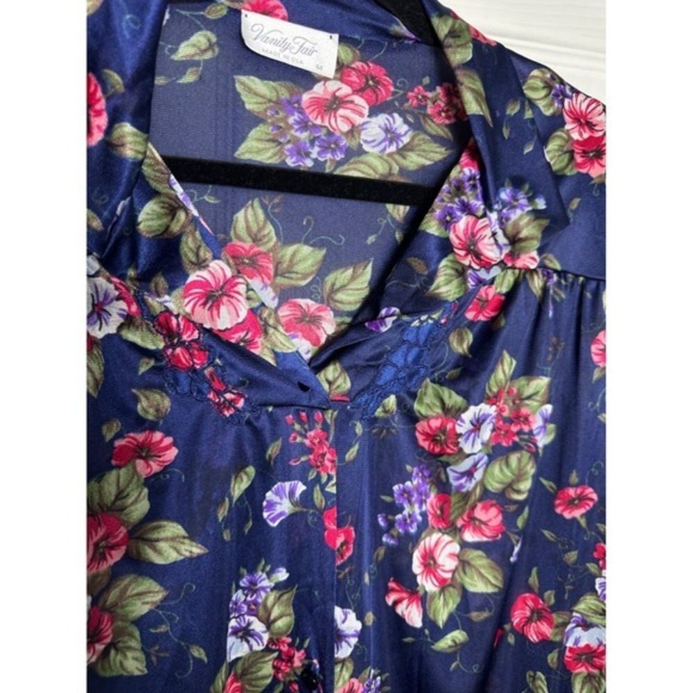 Vanity Fair Vintage Floral Button Front Robe Navy Nylon Tricot M - Picture 3 of 6